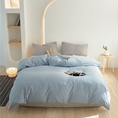 Blanco natural suave azul claro 100% puro de algodón de grapa larga de cubierta de cama conjunto