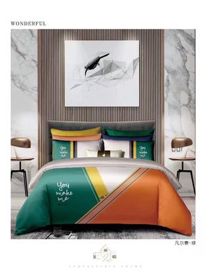 Nueva llegada 100% de algodón de grapa larga Impresión reactiva personalizada Cubierta de edredón Set de ropa de cama Textil